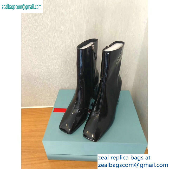 Prada Heel 8.5cm Glossy Patent Leather Square Toe Booties Black 2019 - Click Image to Close