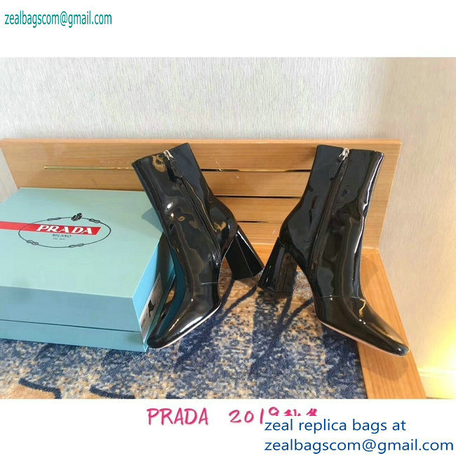 Prada Heel 8.5cm Glossy Patent Leather Square Toe Booties Black 2019