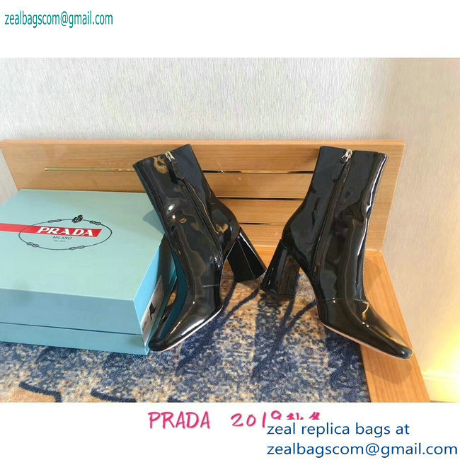 Prada Heel 8.5cm Glossy Patent Leather Square Toe Booties Black 2019 - Click Image to Close