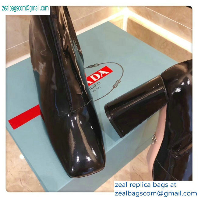 Prada Heel 8.5cm Glossy Patent Leather Square Toe Booties Black 2019 - Click Image to Close