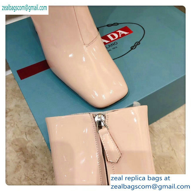 Prada Heel 8.5cm Glossy Patent Leather Square Toe Booties Nude 2019
