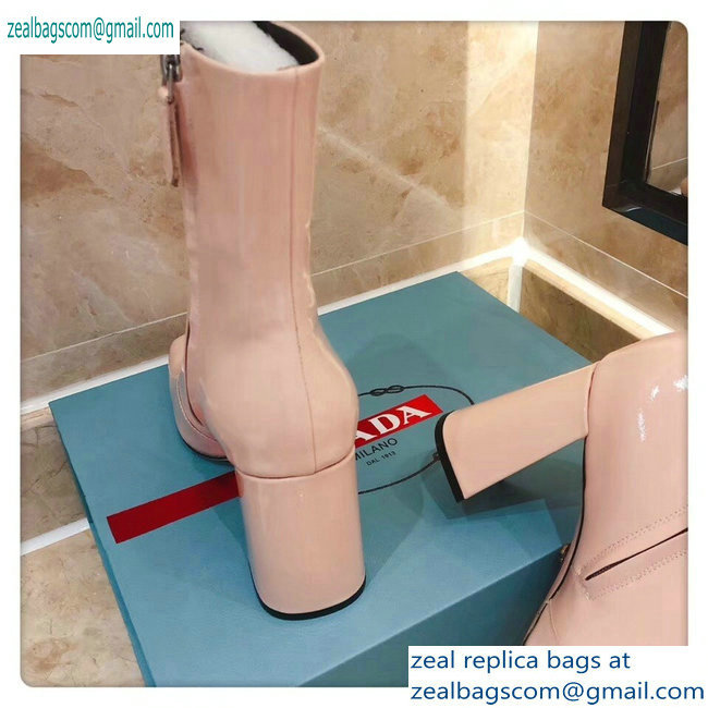 Prada Heel 8.5cm Glossy Patent Leather Square Toe Booties Nude 2019