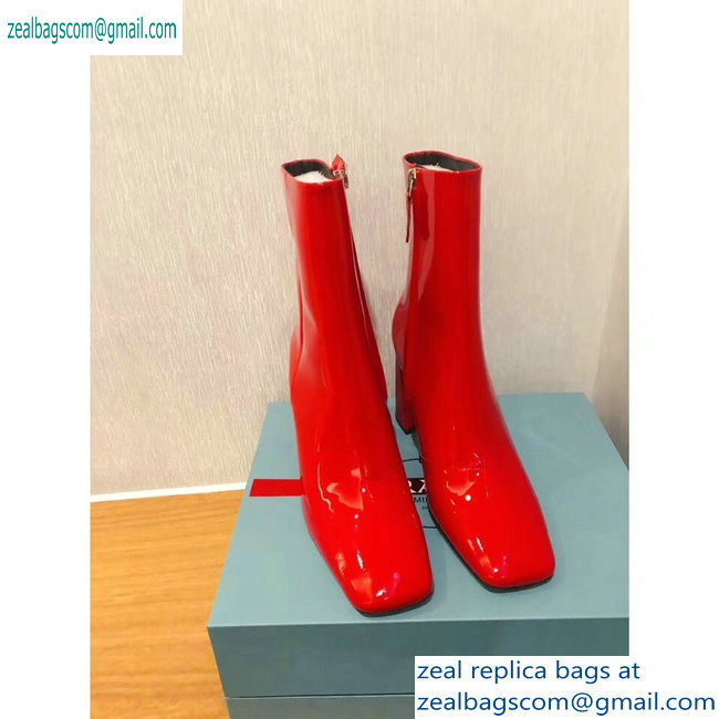 Prada Heel 8.5cm Glossy Patent Leather Square Toe Booties Red 2019