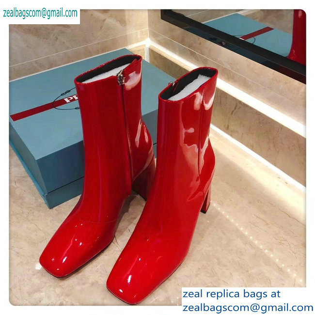 Prada Heel 8.5cm Glossy Patent Leather Square Toe Booties Red 2019