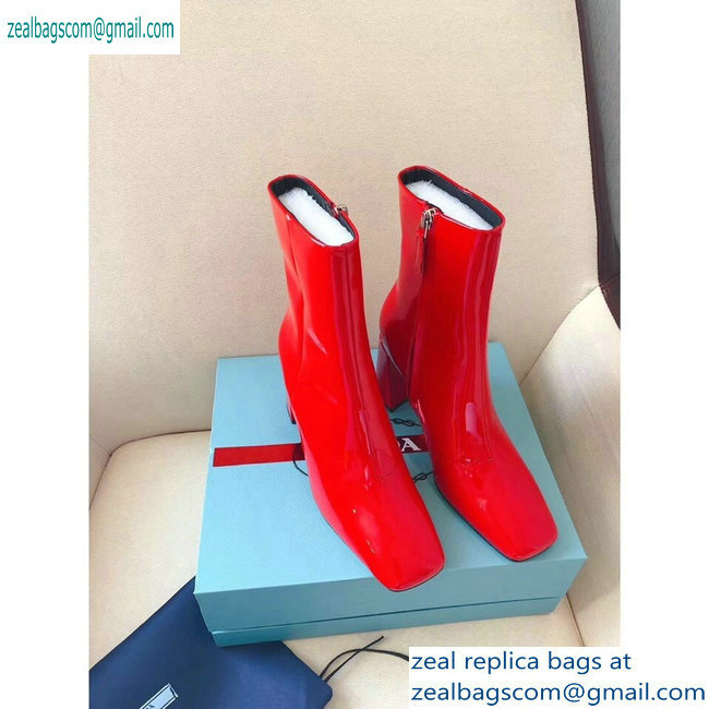 Prada Heel 8.5cm Glossy Patent Leather Square Toe Booties Red 2019