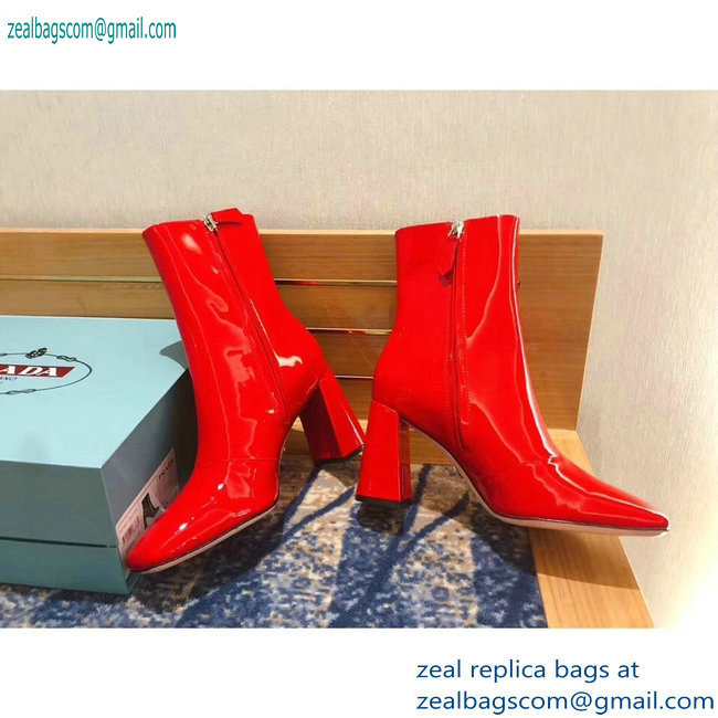 Prada Heel 8.5cm Glossy Patent Leather Square Toe Booties Red 2019