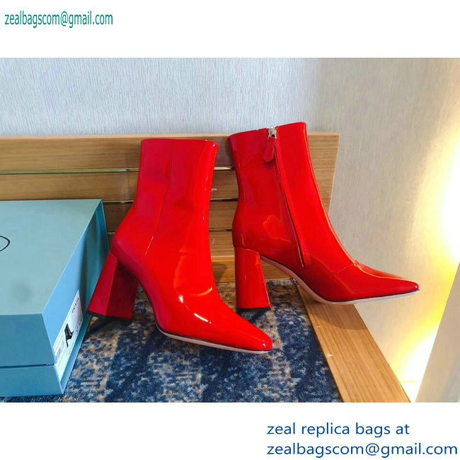 Prada Heel 8.5cm Glossy Patent Leather Square Toe Booties Red 2019