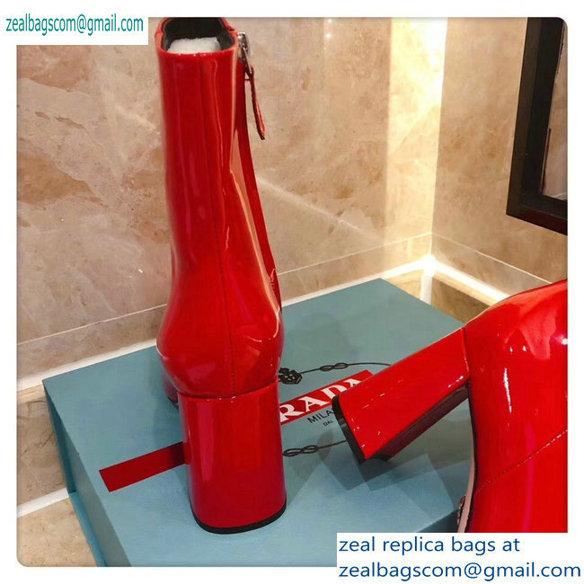 Prada Heel 8.5cm Glossy Patent Leather Square Toe Booties Red 2019