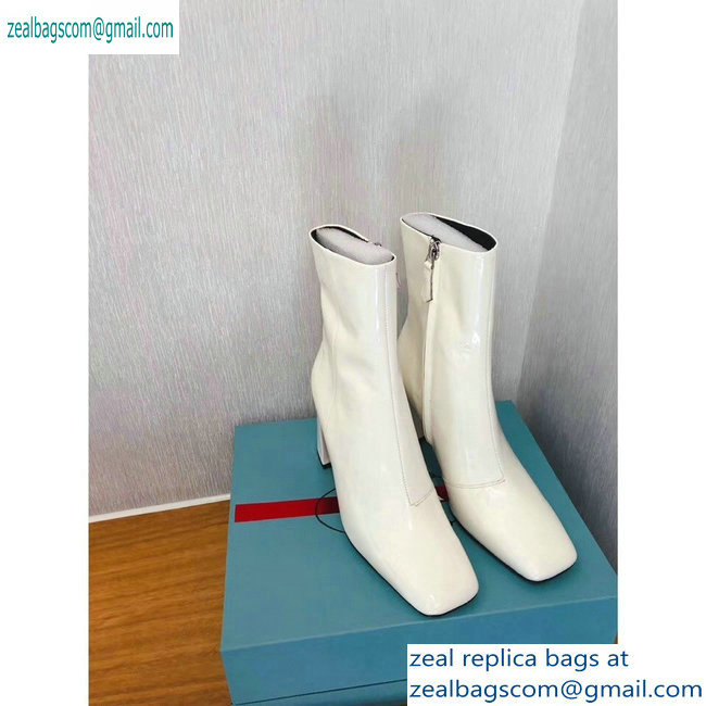 Prada Heel 8.5cm Glossy Patent Leather Square Toe Booties White 2019