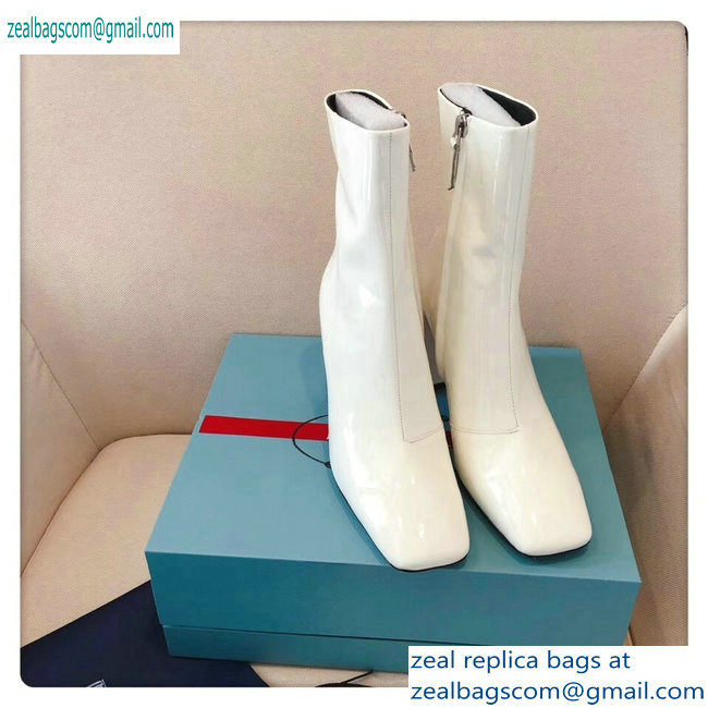 Prada Heel 8.5cm Glossy Patent Leather Square Toe Booties White 2019