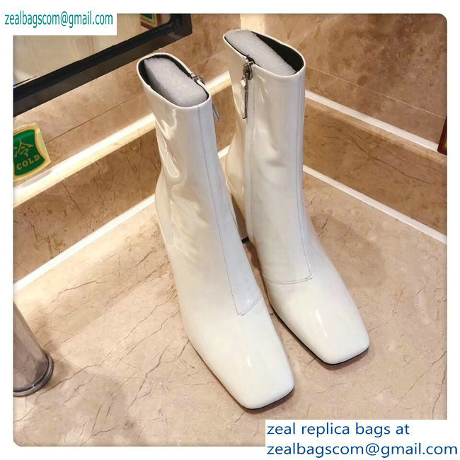Prada Heel 8.5cm Glossy Patent Leather Square Toe Booties White 2019