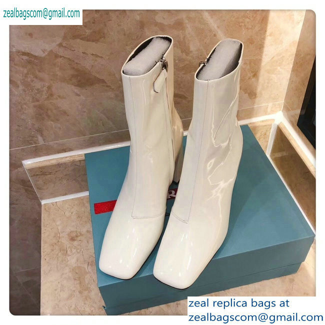 Prada Heel 8.5cm Glossy Patent Leather Square Toe Booties White 2019