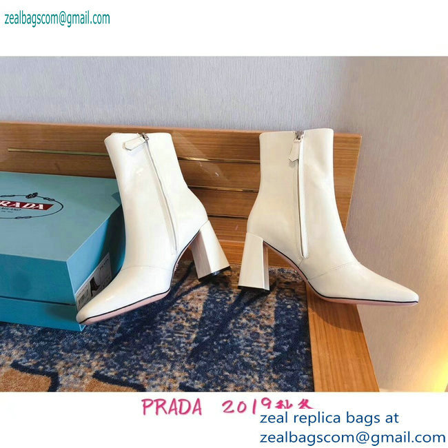 Prada Heel 8.5cm Glossy Patent Leather Square Toe Booties White 2019