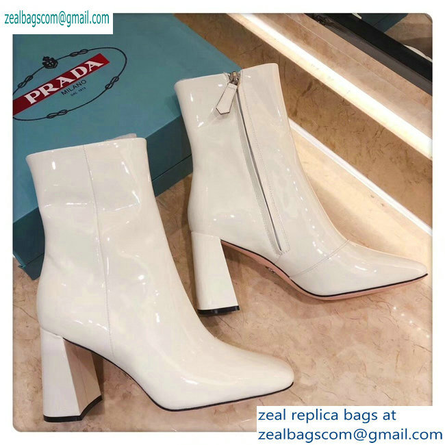 Prada Heel 8.5cm Glossy Patent Leather Square Toe Booties White 2019