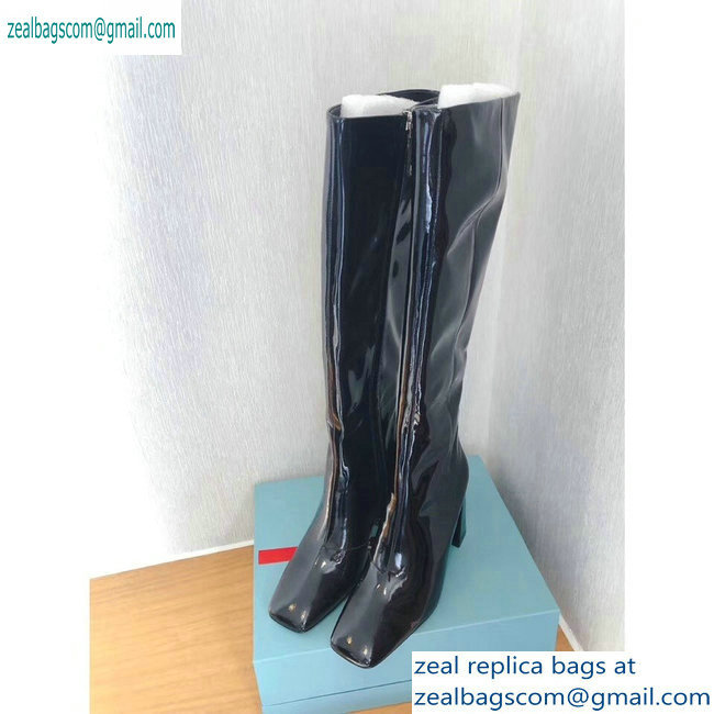 Prada Heel 8.5cm Glossy Patent Leather Square Toe Boots Black 2019