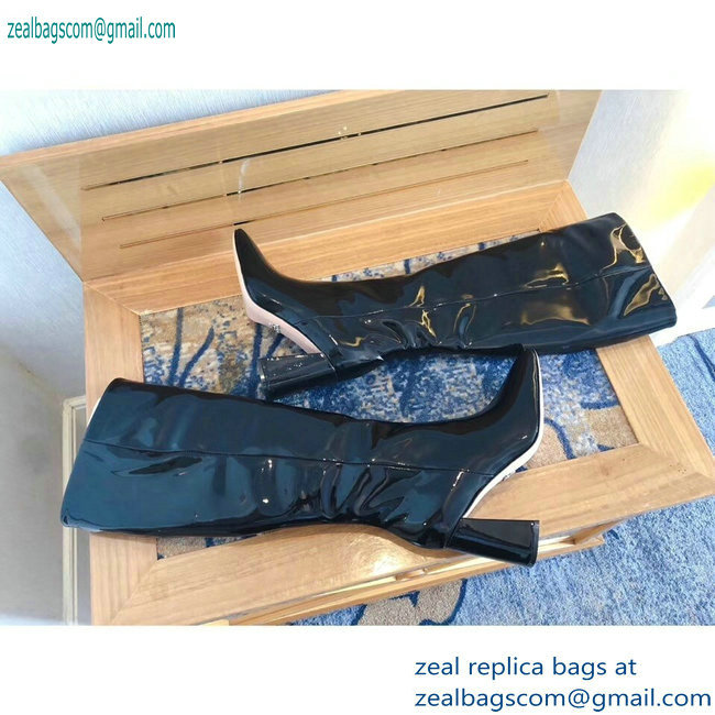 Prada Heel 8.5cm Glossy Patent Leather Square Toe Boots Black 2019