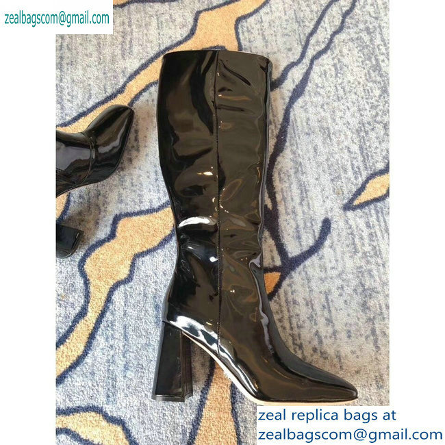 Prada Heel 8.5cm Glossy Patent Leather Square Toe Boots Black 2019