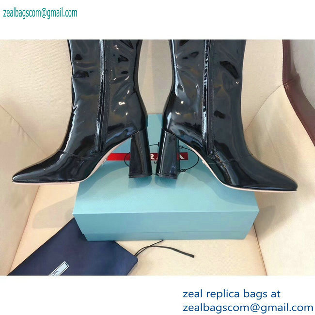 Prada Heel 8.5cm Glossy Patent Leather Square Toe Boots Black 2019