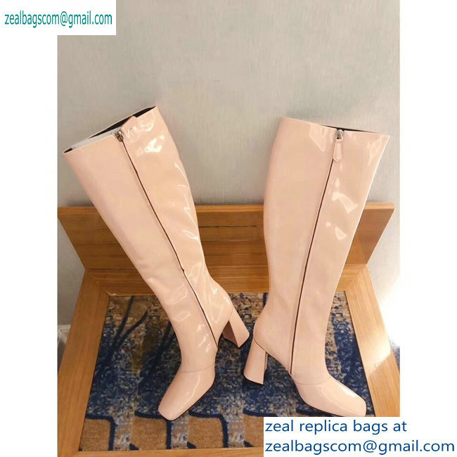 Prada Heel 8.5cm Glossy Patent Leather Square Toe Boots Nude 2019