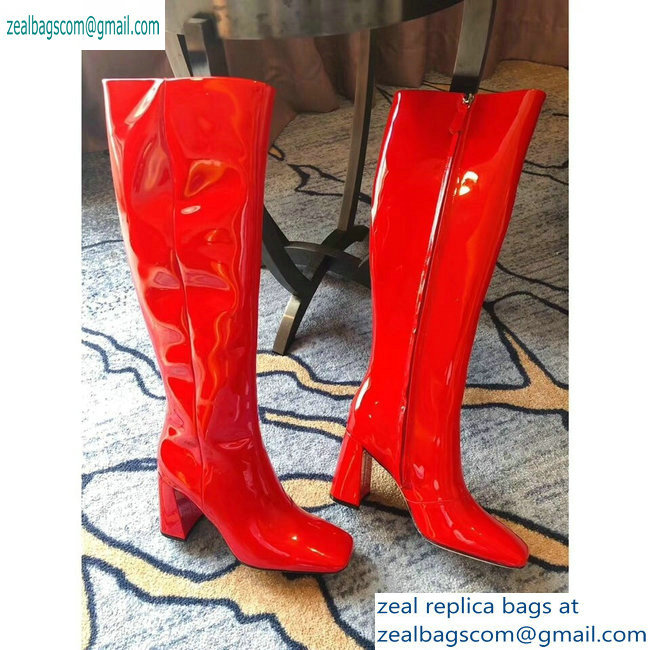 Prada Heel 8.5cm Glossy Patent Leather Square Toe Boots Red 2019