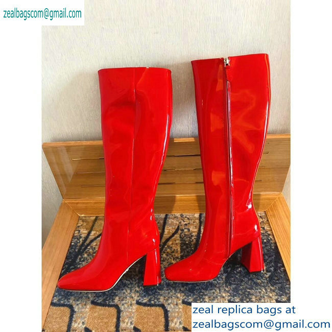 Prada Heel 8.5cm Glossy Patent Leather Square Toe Boots Red 2019