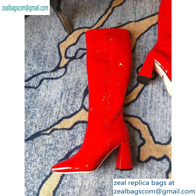 Prada Heel 8.5cm Glossy Patent Leather Square Toe Boots Red 2019