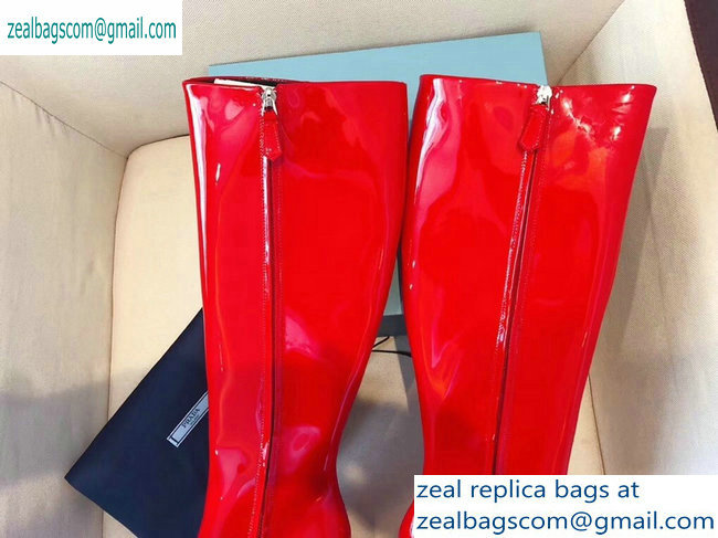 Prada Heel 8.5cm Glossy Patent Leather Square Toe Boots Red 2019