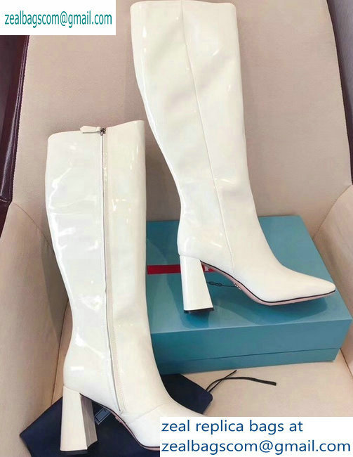 Prada Heel 8.5cm Glossy Patent Leather Square Toe Boots White 2019 - Click Image to Close