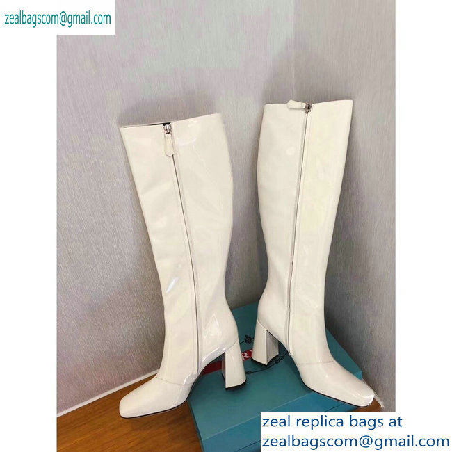 Prada Heel 8.5cm Glossy Patent Leather Square Toe Boots White 2019