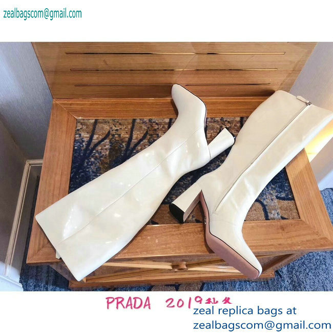 Prada Heel 8.5cm Glossy Patent Leather Square Toe Boots White 2019 - Click Image to Close