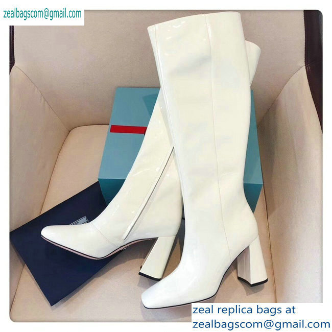 Prada Heel 8.5cm Glossy Patent Leather Square Toe Boots White 2019