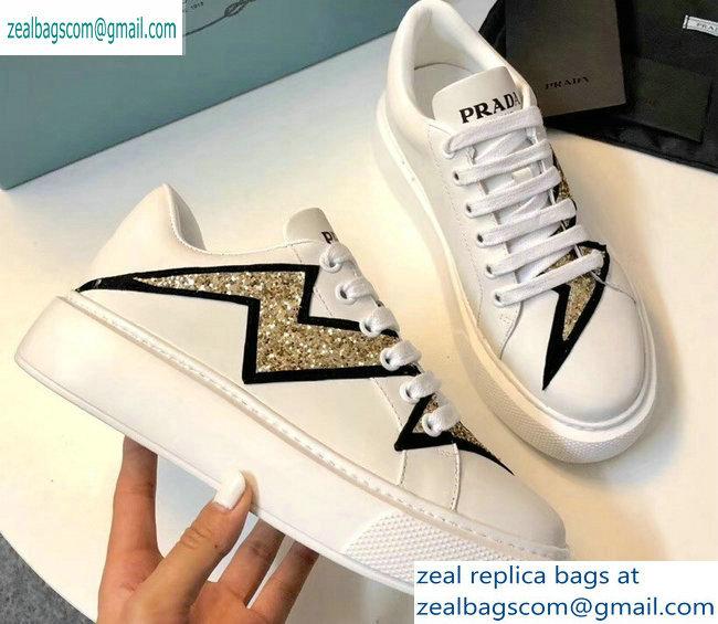Prada Leather Sneakers White/Gold 2019 - Click Image to Close