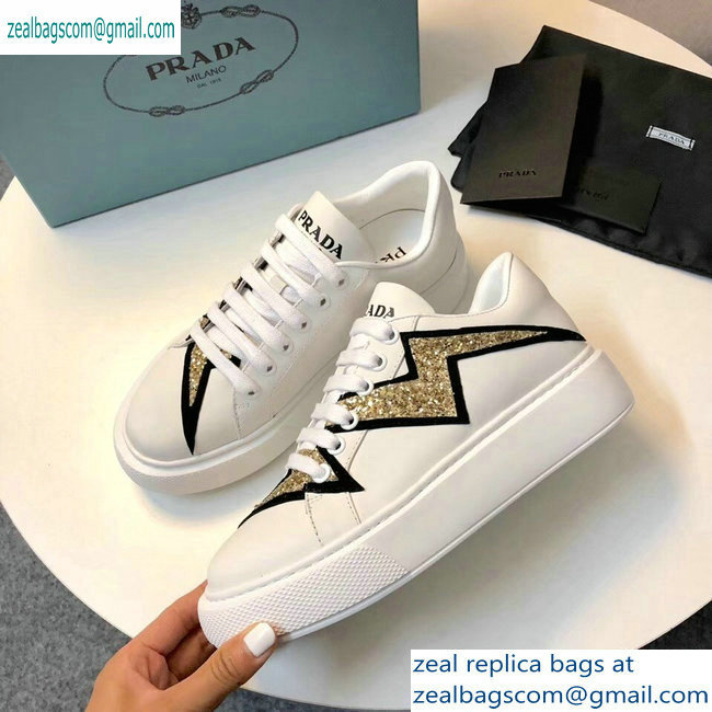 Prada Leather Sneakers White/Gold 2019 - Click Image to Close