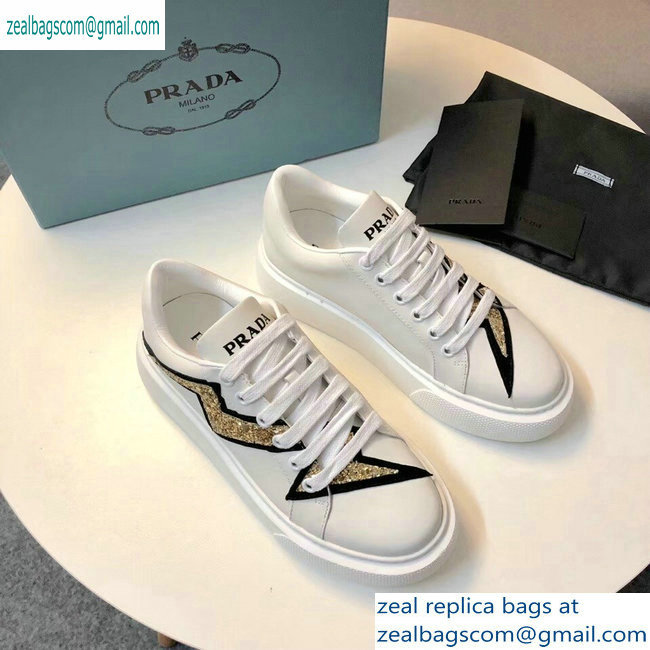Prada Leather Sneakers White/Gold 2019 - Click Image to Close
