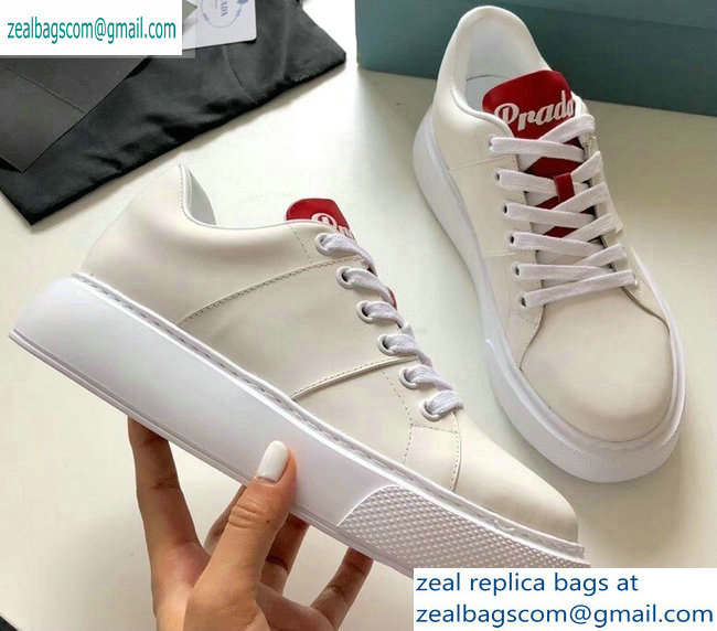 Prada Leather Sneakers White Logo with Red Tongue 2019