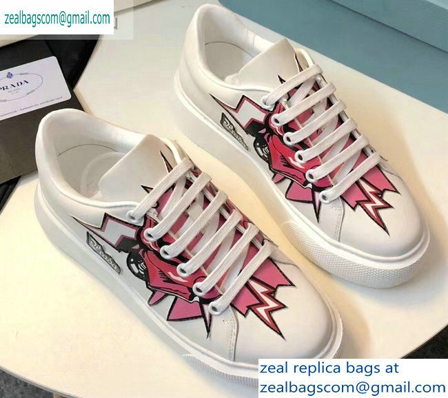 Prada Leather Sneakers White/Pink Print 2019 - Click Image to Close