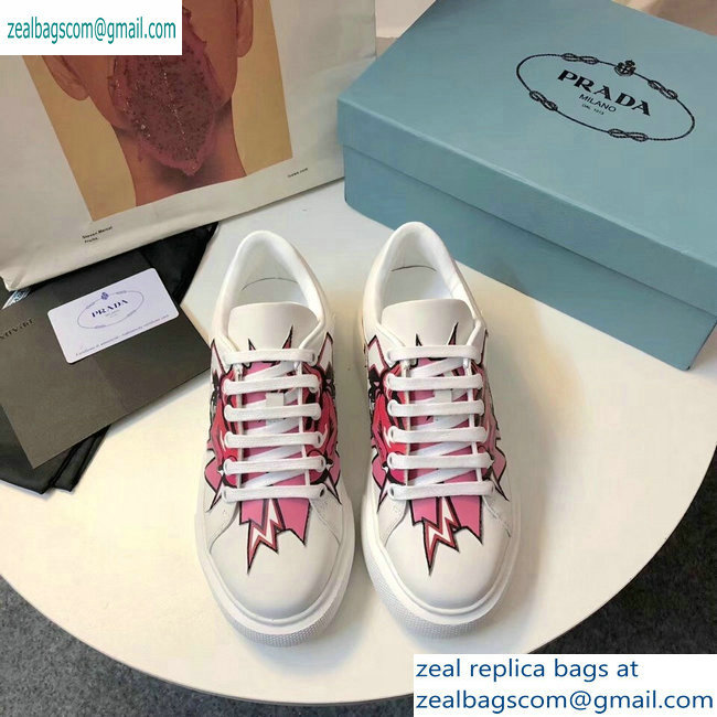 Prada Leather Sneakers White/Pink Print 2019 - Click Image to Close