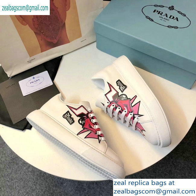 Prada Leather Sneakers White/Pink Print 2019 - Click Image to Close