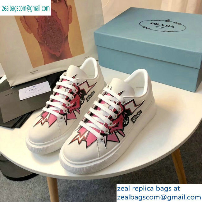 Prada Leather Sneakers White/Pink Print 2019 - Click Image to Close