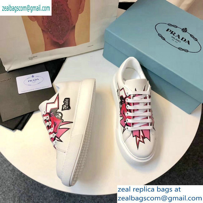 Prada Leather Sneakers White/Pink Print 2019 - Click Image to Close