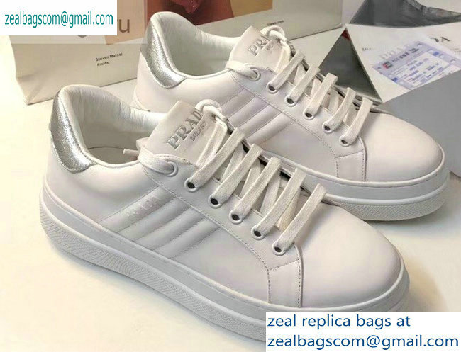 Prada Leather Sneakers White/Silver Logo 2019 - Click Image to Close