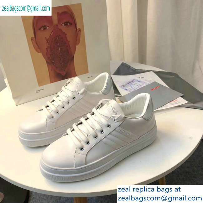 Prada Leather Sneakers White/Silver Logo 2019 - Click Image to Close