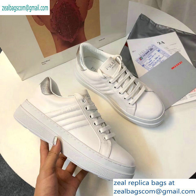 Prada Leather Sneakers White/Silver Logo 2019
