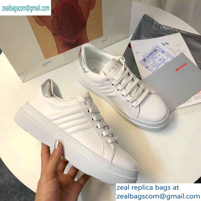 Prada Leather Sneakers White/Silver Logo 2019 - Click Image to Close