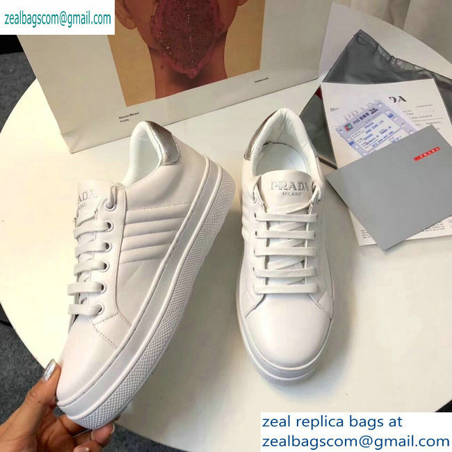 Prada Leather Sneakers White/Silver Logo 2019