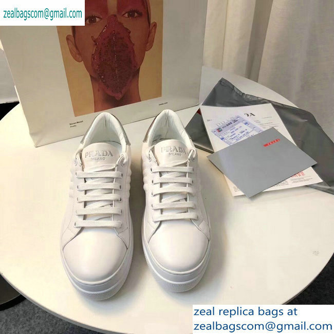 Prada Leather Sneakers White/Silver Logo 2019