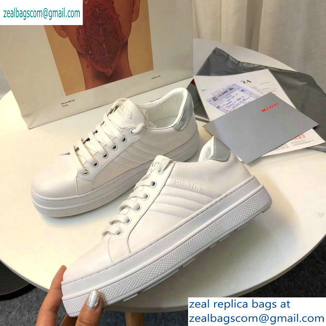 Prada Leather Sneakers White/Silver Logo 2019 - Click Image to Close