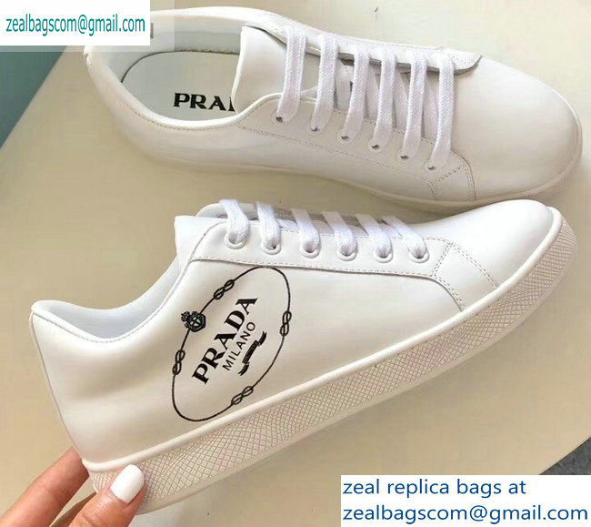 Prada Leather Sneakers White with Black Logo Milanno 2019 - Click Image to Close