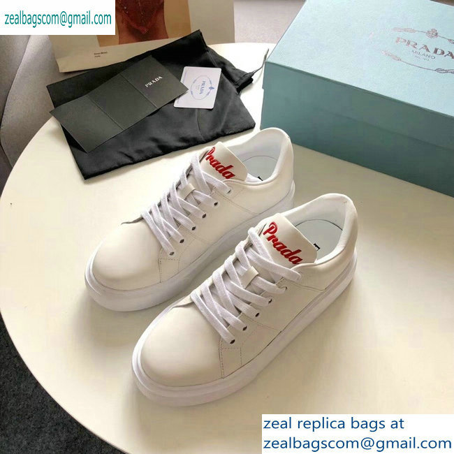 Prada Leather Sneakers White with Red Logo Tongue 2019 - Click Image to Close