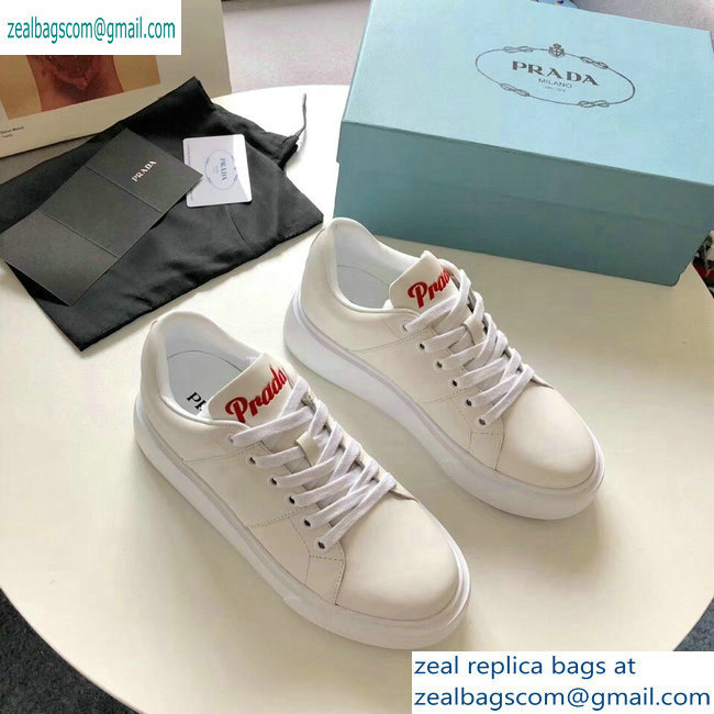 Prada Leather Sneakers White with Red Logo Tongue 2019